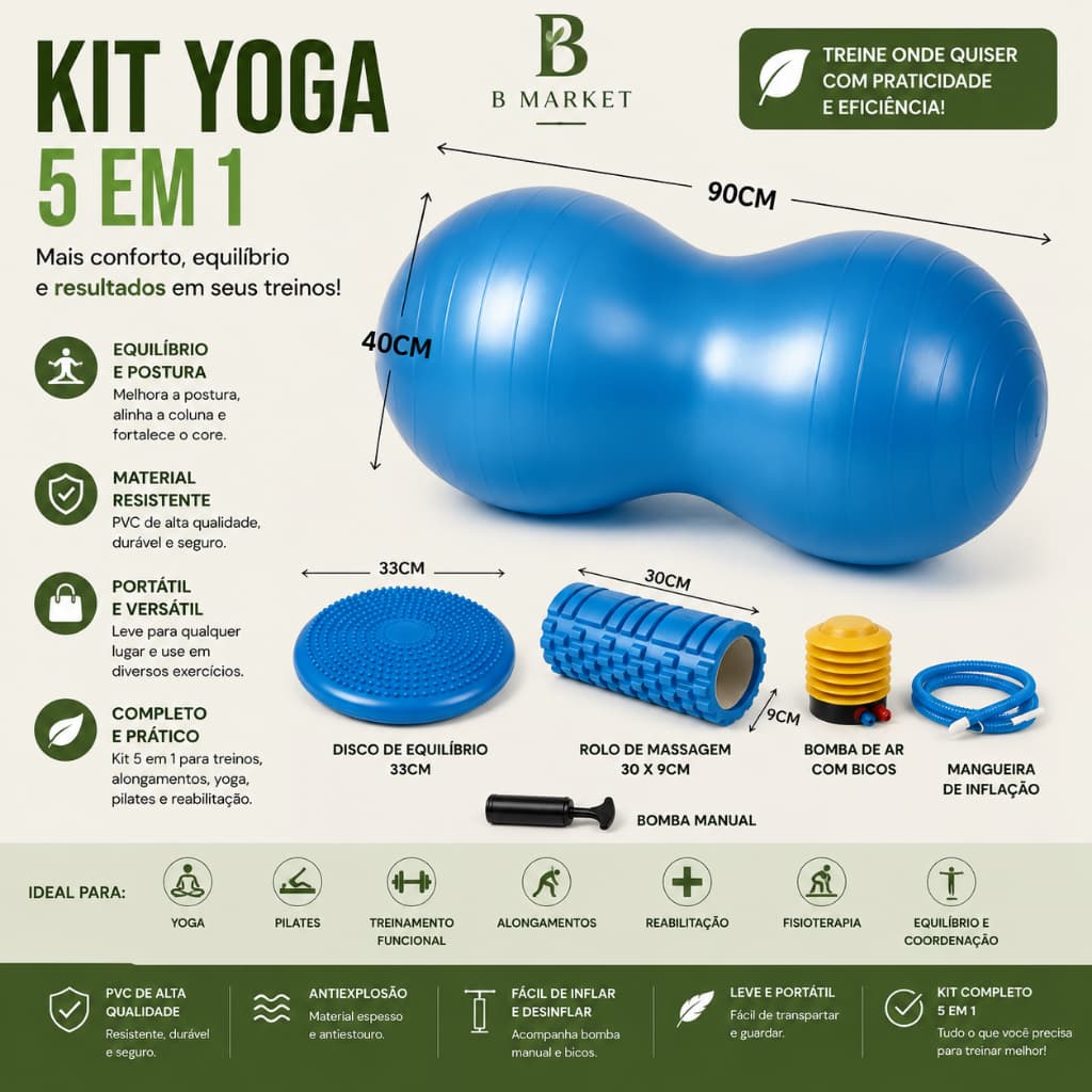Kit Yoga 5 em 1 Bola Amendoim + Disco de Equilíbrio + Rolo de Liberação + Bomba + Mangueira Fitness Pilates