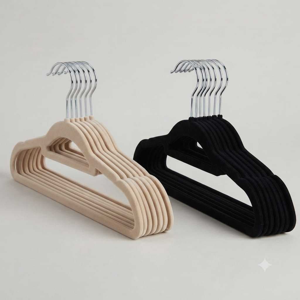 Kit 10 Cabides Slim Veludo Premium Antideslizante Ultra Fino Bege Preto