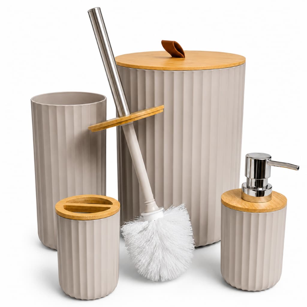 Kit Lavabo Banheiro 4 Peças Lixeira 6,5L Tampa de Bambu Escova Sanitária Dispenser e Porta Escovas