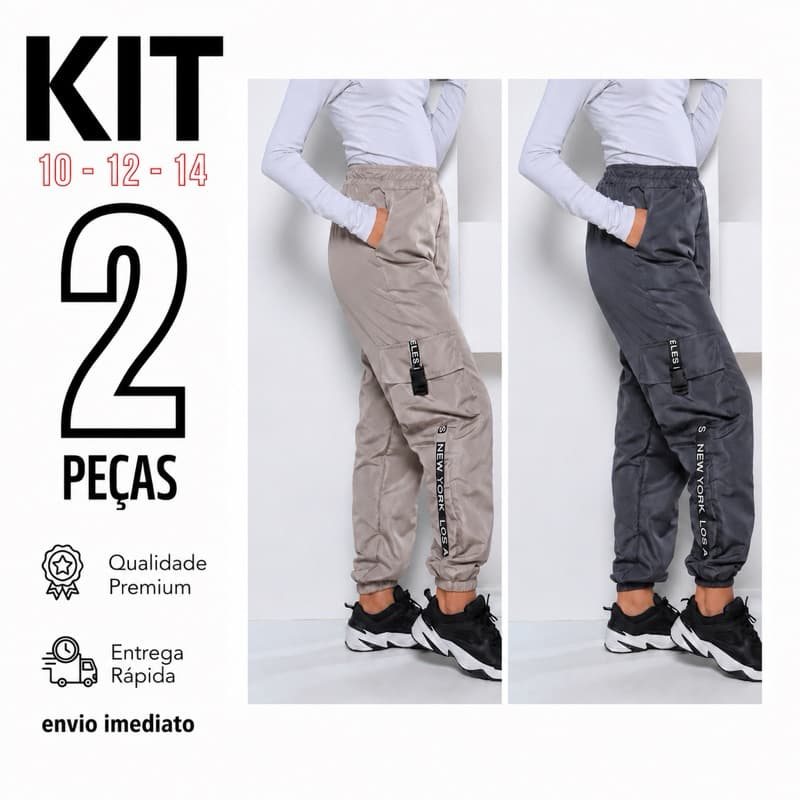 Kit 2 Calças Cargo Juvenil Feminina Tactel Jogger Premium Cintura Alta com Bolsos Laterais Calça Streetwear Moda Juvenil