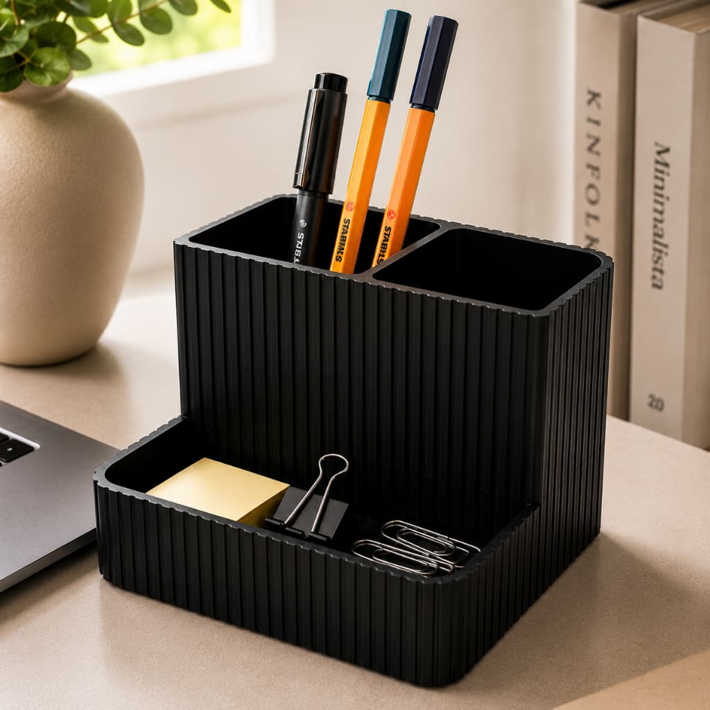 Organizador de Mesa Porta Canetas Multiuso Preto Compartimentos Escritório Home Office