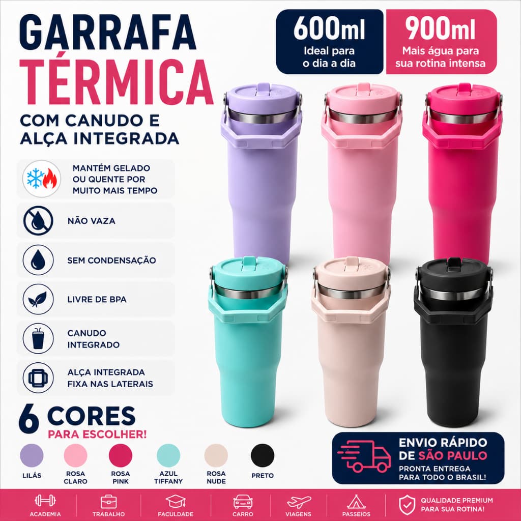 Garrafa Térmica Inox 600ml 900ml com Canudo e Alça Antivazamento Copo Térmico Academia BPA Free