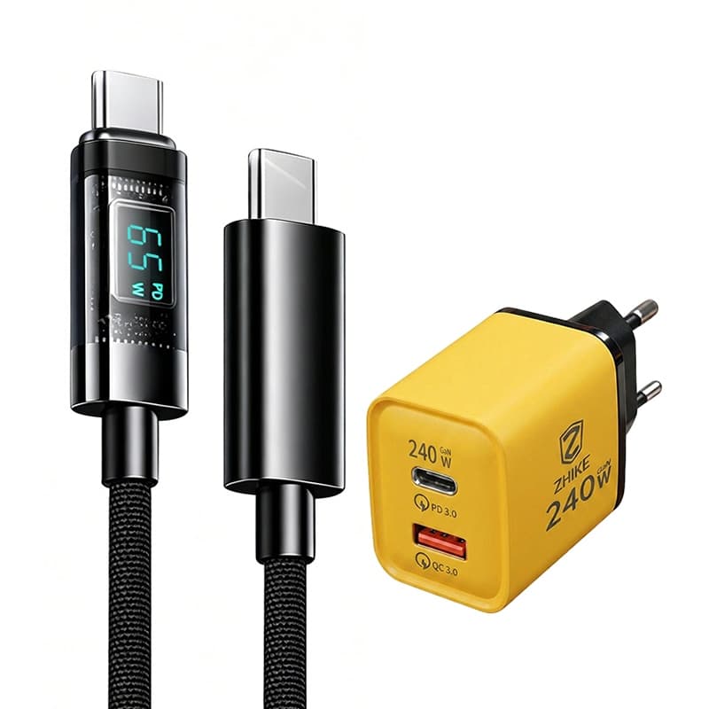 Cabo Carregamento Rápido Carregador PD Tipo C iP 1M Visor Digital Trançado de Nylon Com Adaptador GaN