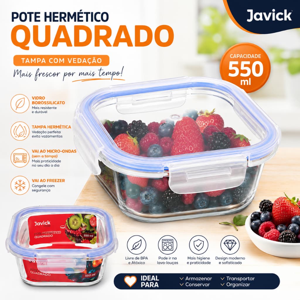 Pote de Vidro Hermético com Tampa Pote de Vidro com Tampa e Travas Marmita de Vidro com Tampa Vasilha de Vidro 550ml