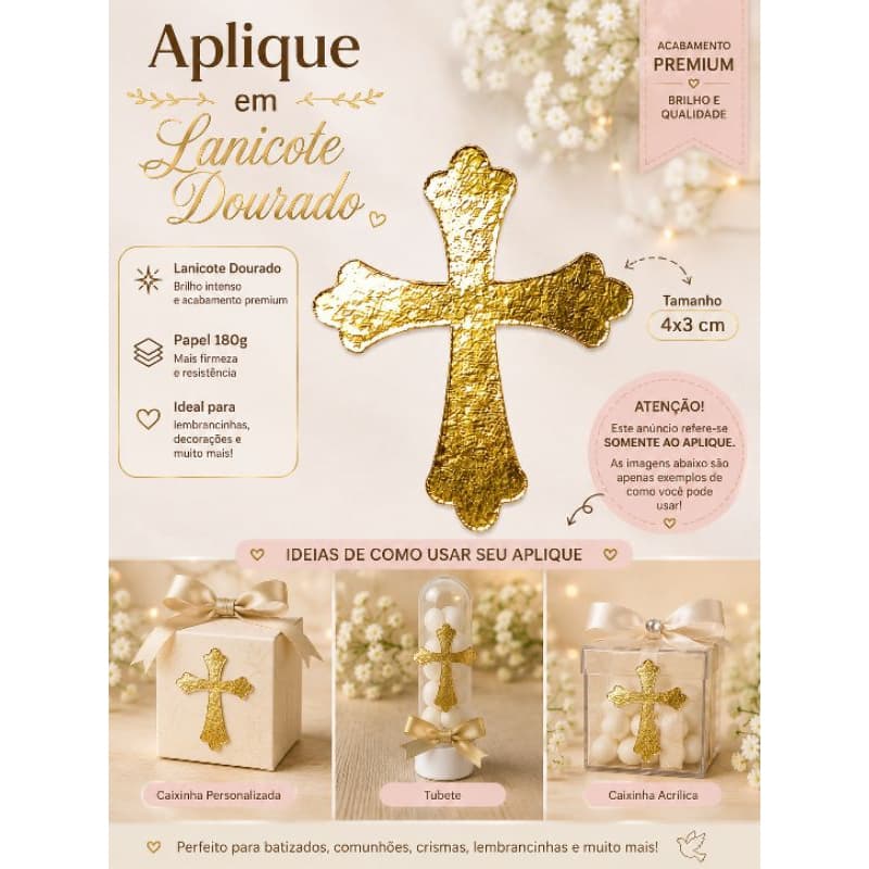 Aplique Cruz Dourada Laminicote 180g 4x3cm | Lembrancinha Batizado, Primeira Comunhão e Crisma