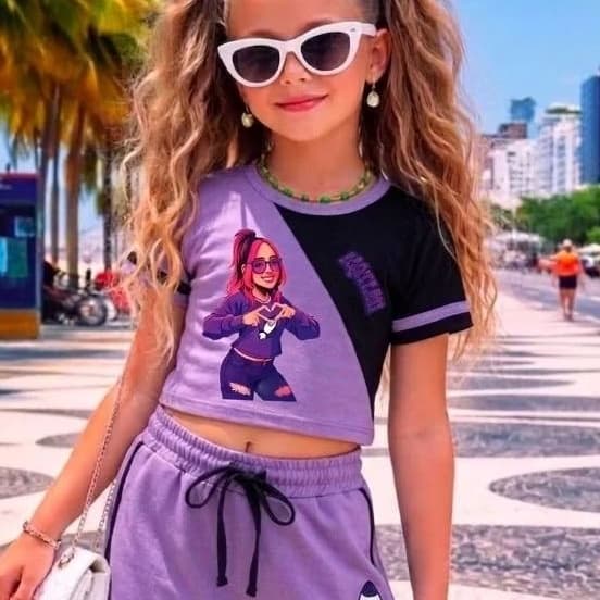 Conjunto Infantil Menina Katlen Cropped + Short Saia Moletinho Leve Estiloso Meia Estação 4 ao14 Anos