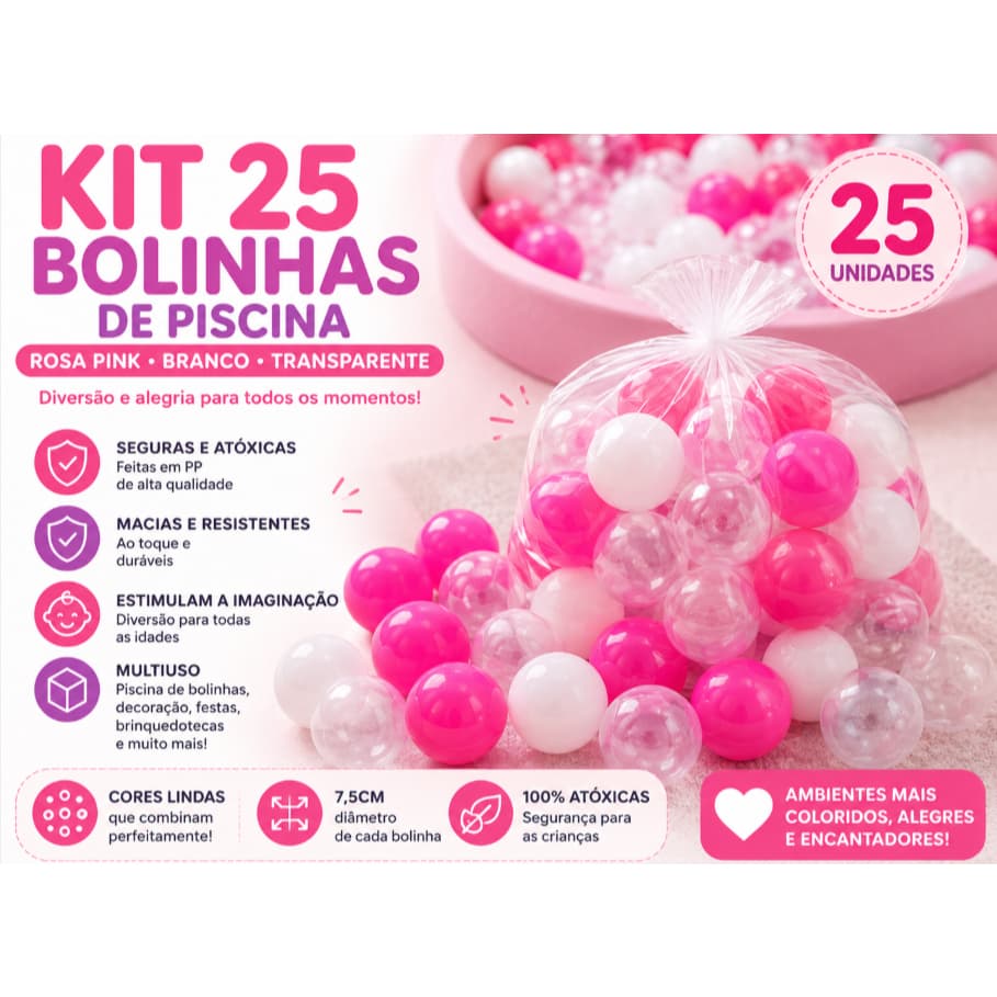 Kit 25 Bolinhas de Piscina Rosa Pink Branco Transparente Piscina Brinquedo Infantil
