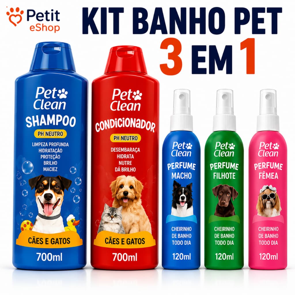 Kit Shampoo Neutro + Condicionador + Perfume ou sem Perfume para Cães e Gatos Pet Clean