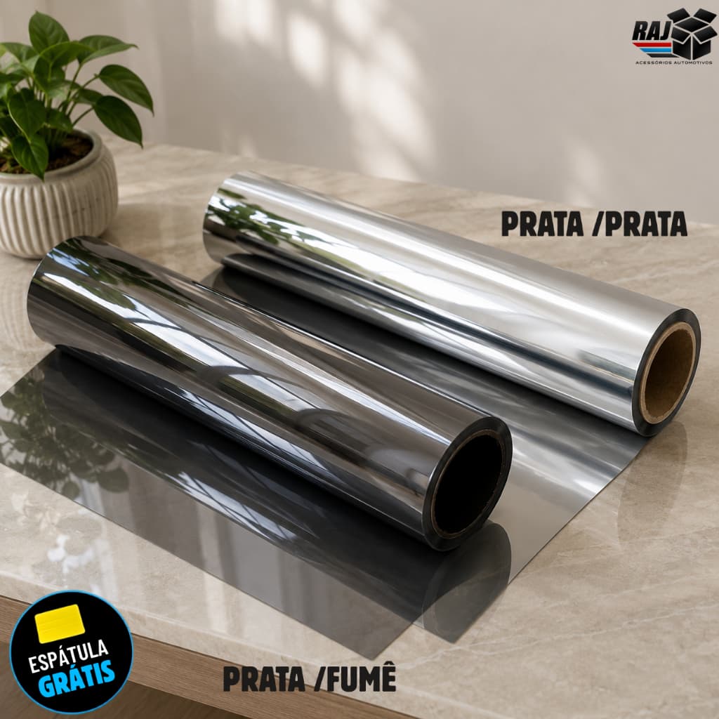 Película Tipo Insulfilm Prata Espelhada, Refletiva, G5, 8m x 75cm, Poliéster profissional