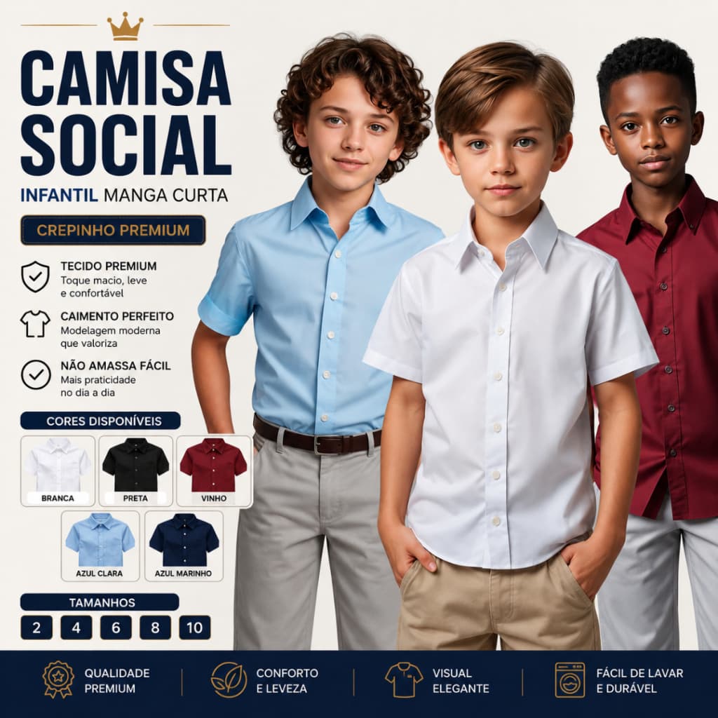 Kit 3 Camisas Sociais Infantis  Manga Curta Confortáveis - Envio Imediato !!!