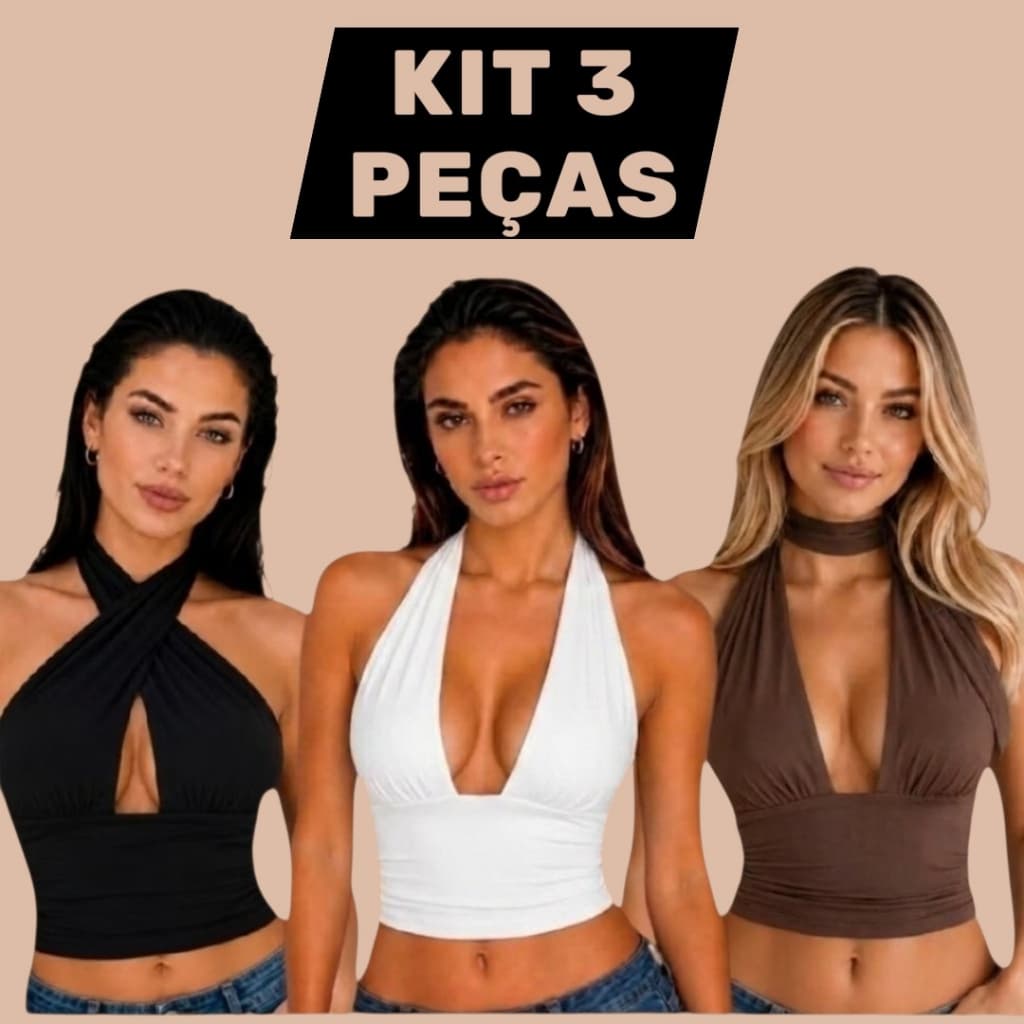 KIT 3 BLUSA FEMININA COM DECOTE CROOPED TOP COM AMARRAÇÃO FORRADO MULTIFORMAS SUPLEX PREMIUM
