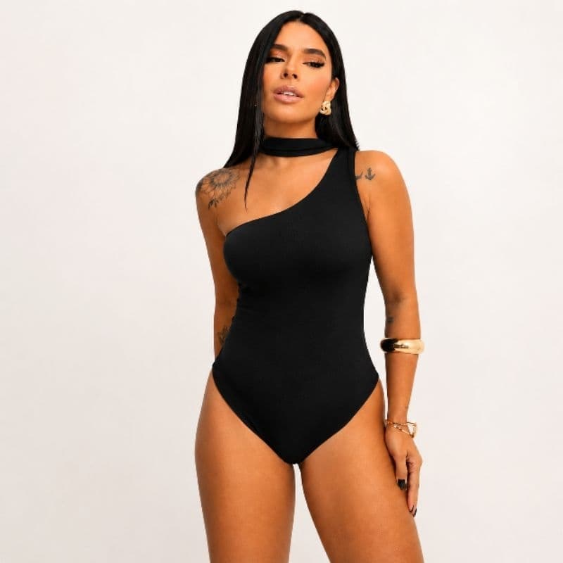 Body Feminino Um Ombro Só, body Assimétrico Feminino Com Amarração no Pescoço, Colado ao Corpo
