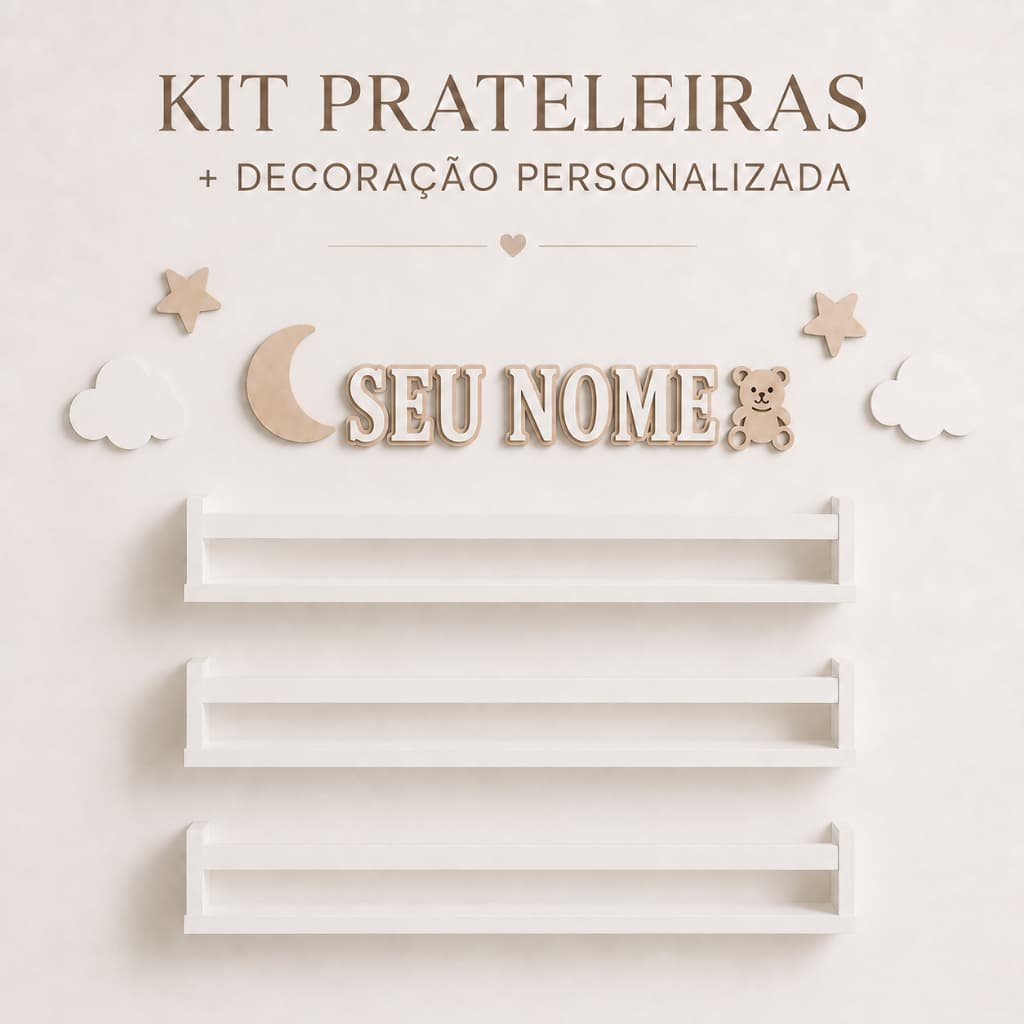 Kit Prateleira Infantil Com Nome Personalizado - Lua Estrela Urso Nuvem - Organizador Livros & Decoração Quarto Bebê MDF