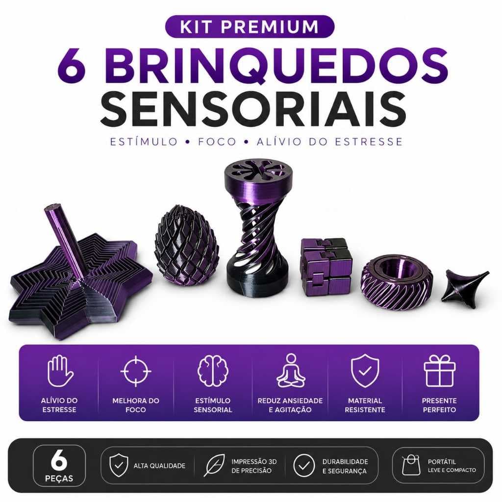 Kit Premium 6 Brinquedos Sensoriais Antiestresse Fidget Toys para Foco, Ansiedade e Relaxamento Adulto e Infantil