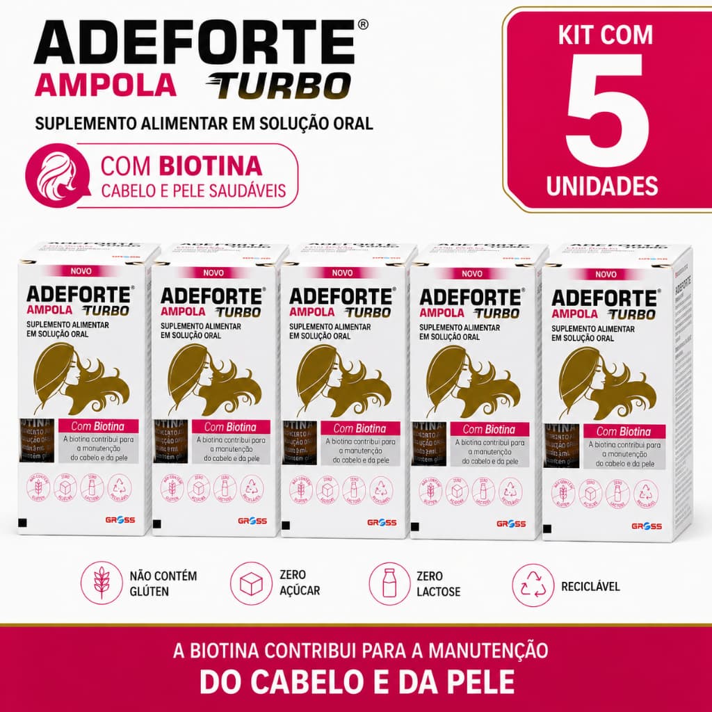 kit 5 e 10 Adeforte Ampola Turbo Com Biotina Solução Oral Suplemento Alimentar Para Cabelos Pele e Unhas Original