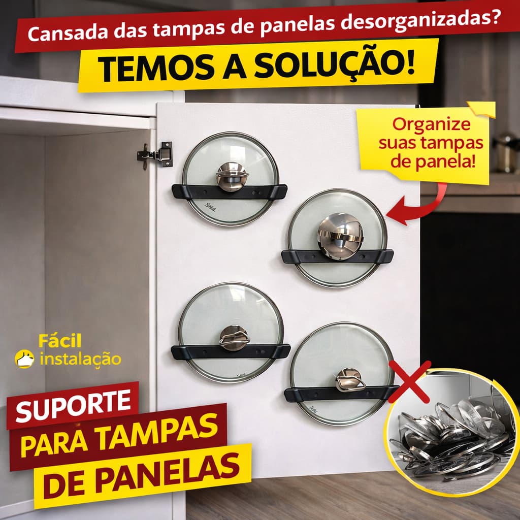 Suporte Organizador Tampas de Panela até 6 Unidades | Adesivo Dupla Face para Armário e Cozinha Sem Furos