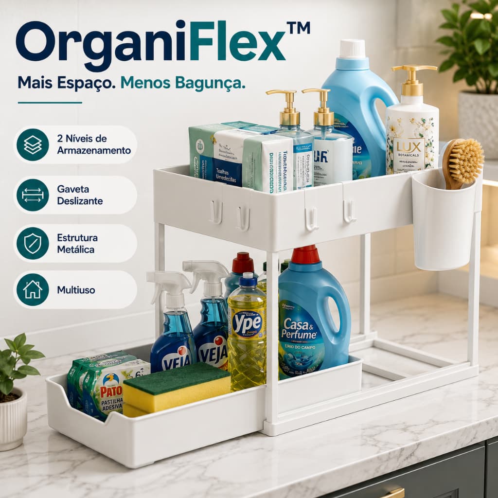 Organizador Multiuso 2 Níveis Gaveta Deslizante para Armário embaixo da Pia Cozinha Banheiro Lavanderia OrganiFlex™