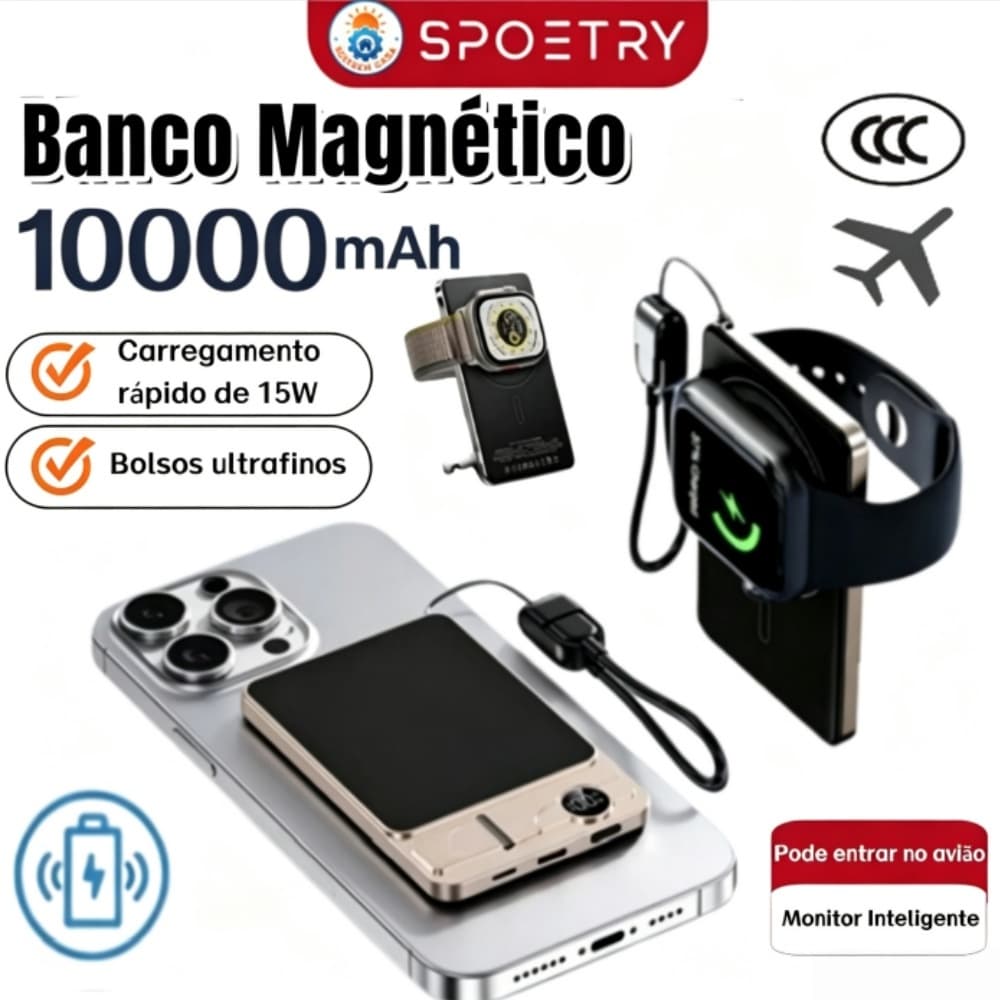 Power Bank Magnético Portátil 10000mAh com 3C Recarga Rápida 22.5W para Celular e Smartwatch