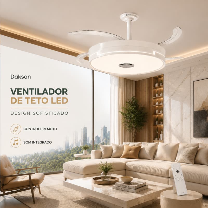 Ventilador de Teto LED Retrátil Daksan Design Sofisticado com Motor DC Silencioso Controle Remoto Som Integrado 108cm
