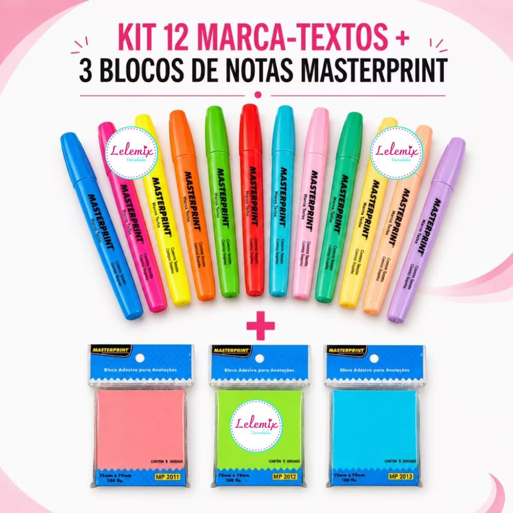 Kit 12 Marca Texto Masterprint (6 Neon + 6 Pastéis) + 3 Blocos Notas Adesivo Marcador Páginas Cores