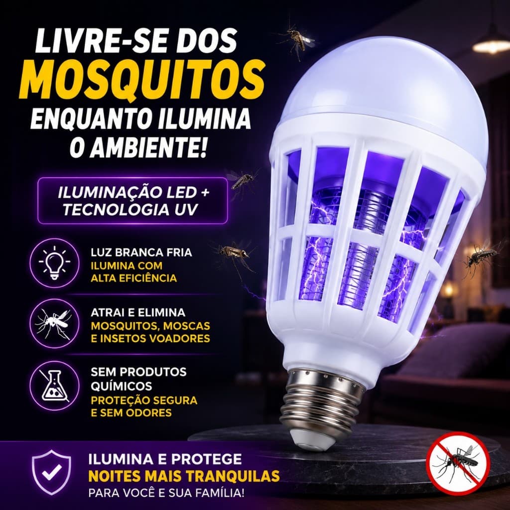 Lâmpada Mata Mosquito LED UV 15W 110V E27 Repelente Mata Moscas Pernilongos Luz Fria 6000K