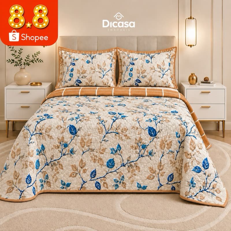 Kit Colcha Cobre Leito Dupla Face Queen 3 Peças Estampado Decorativa Capas De Traveseiro
