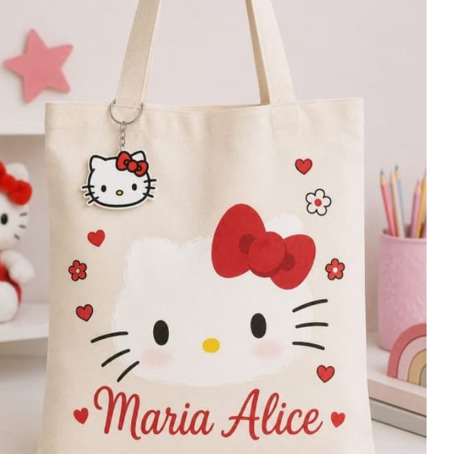 Ecobag Hello Kitty Infantil Personagem Personalizada Estampa Com Nome Chaveiro Brinde Bolsa Sacola Algodão Cru Menina