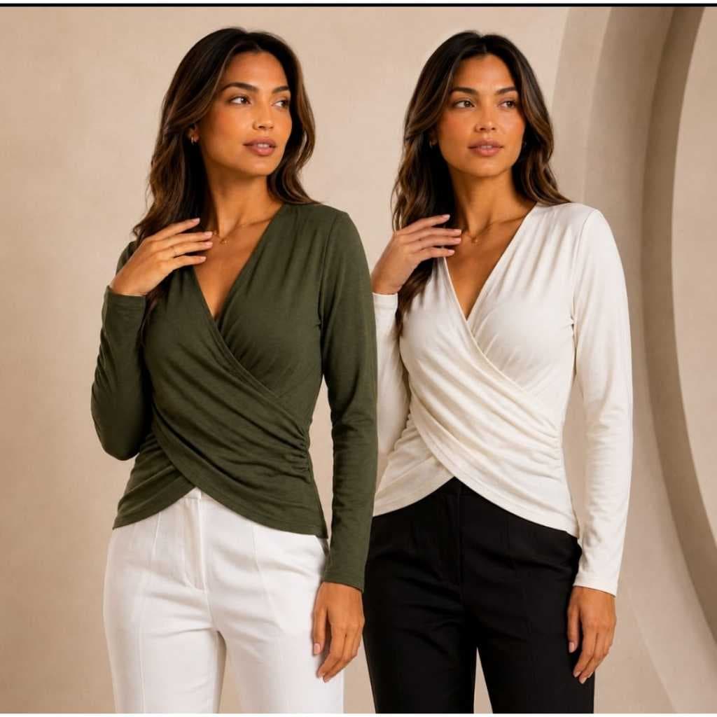 Kit 2 Blusas Feminina Transpassada Manga Longa Elegante Premium