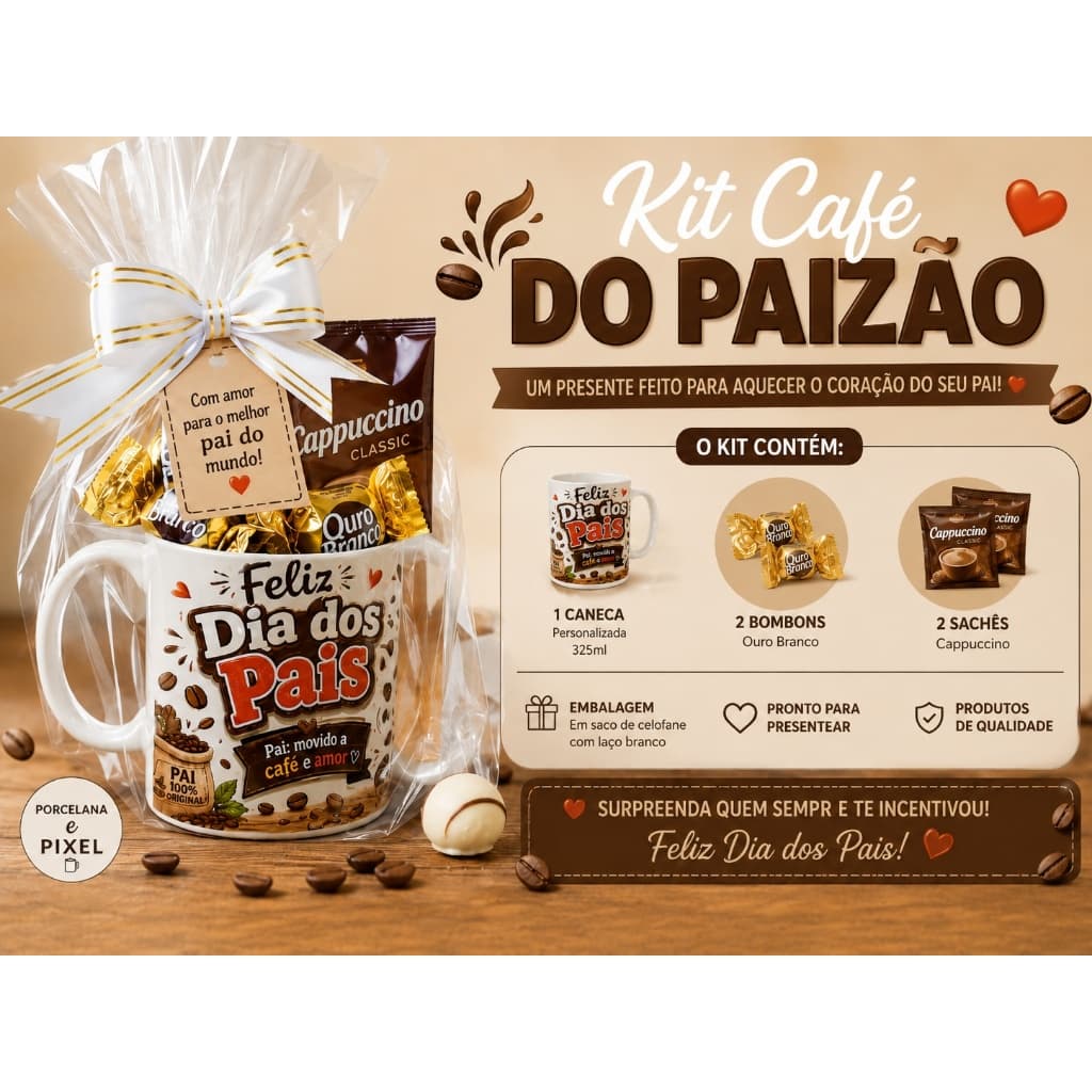 Kit Café do Paizão Dia dos Pais com Caneca Personalizada, 2 Bombons Ouro Branco e 2 Cappuccinos