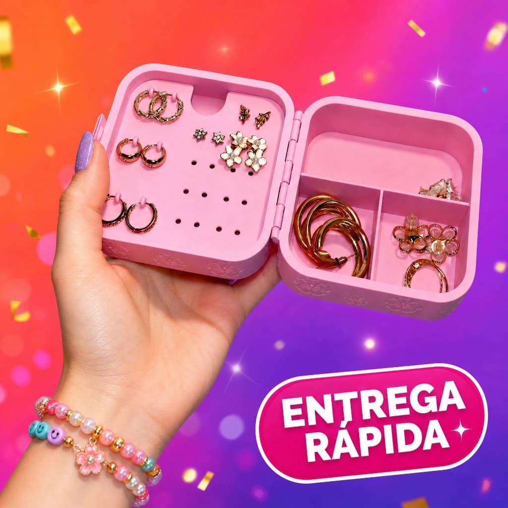 Porta Joias Luxo Rosa Floral – Organizador Compacto para Brincos, Anéis e Colares