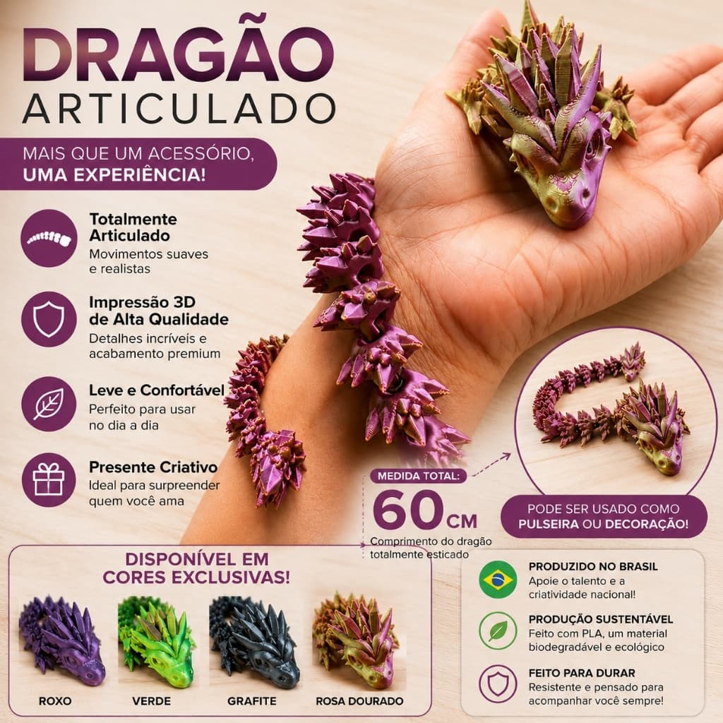 Enfeite Dragão Cristal Articulado 60cm 3D PLA