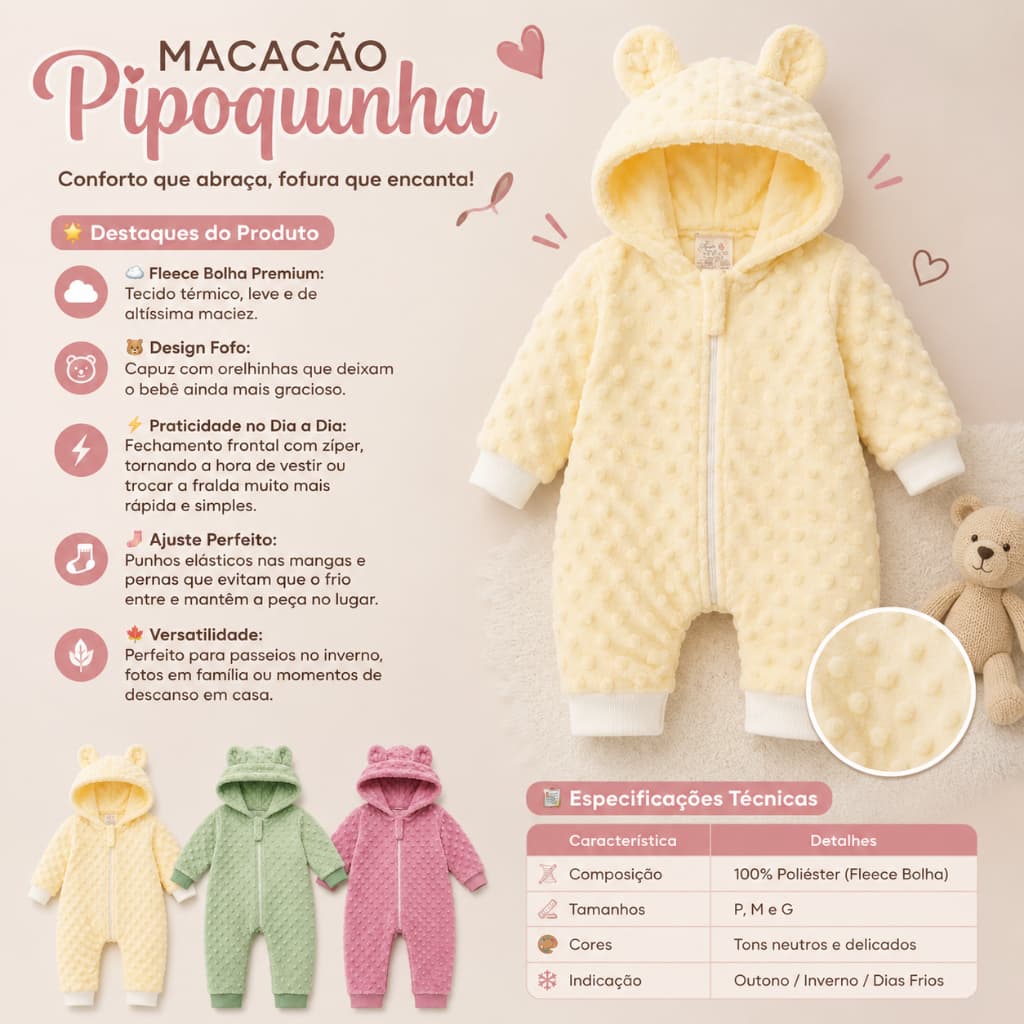 Macacão Bebê Soft Premium Pipoquinha Com Capuz E Zíper Inverno Menino Menina 1 Peça