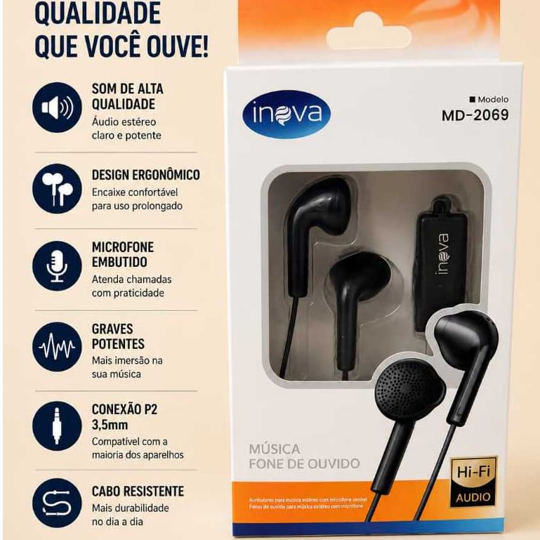 Fone de ouvido com fio branco preto com Microfone Inova MD-2069 entrada P3