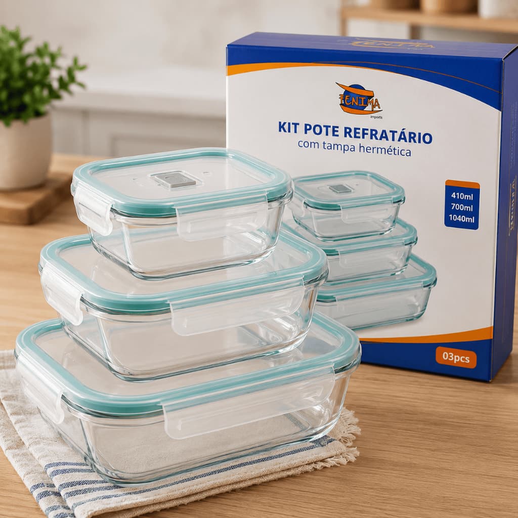 Kit Pote Vidro Refratário com Tampa Hermética e Travas 3 peças Mantimentos, Geladeira, Freezer e Organização