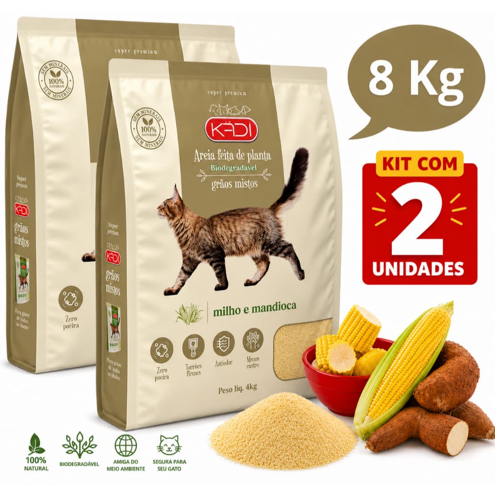 Kit 2 Areia Kadi De 4 Kg Grãos Mistos Milho Mandioca Biodegradáveis - Envio Imediato -