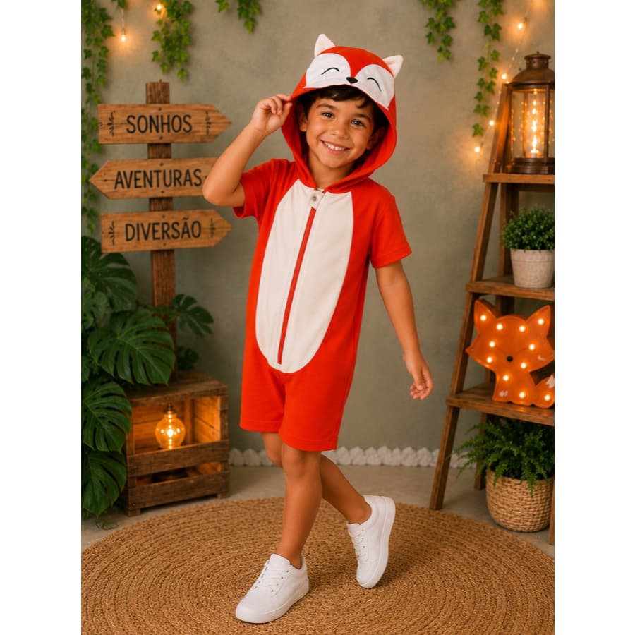 Fantasia Infantil da Raposa Com Capuz e Rabinho Roupa Macacão Com Zíper de Bichinho Menino e Menina