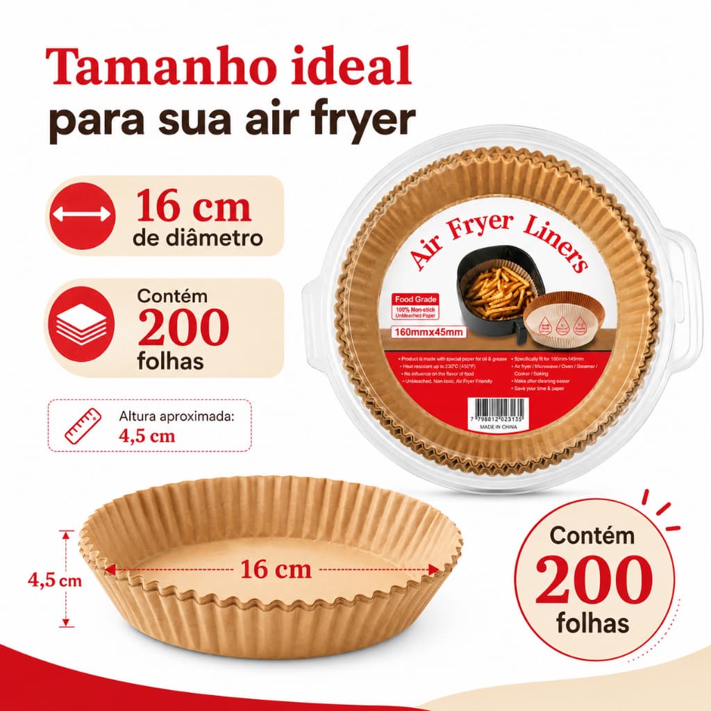 Kit 200 Formas de Papel Descartável para Air Fryer 16 cm Antiaderente