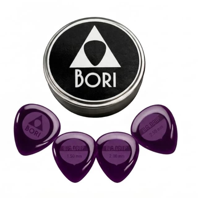 Kit Palhetas BORI Big Drip Roxo 1.5mm 2.0mm 2.5mm 3.0mm + Latinha N-Gel Grip Guitarra Violão Baixo Profissional