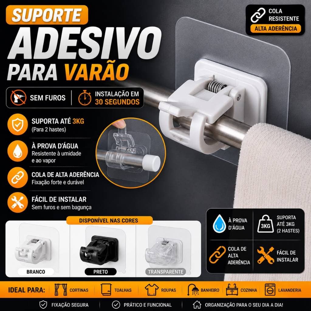 Kit Suporte Adesivo para Varão de Cortina Instalação Sem furos Sem Pregos e Ajuste Fácil