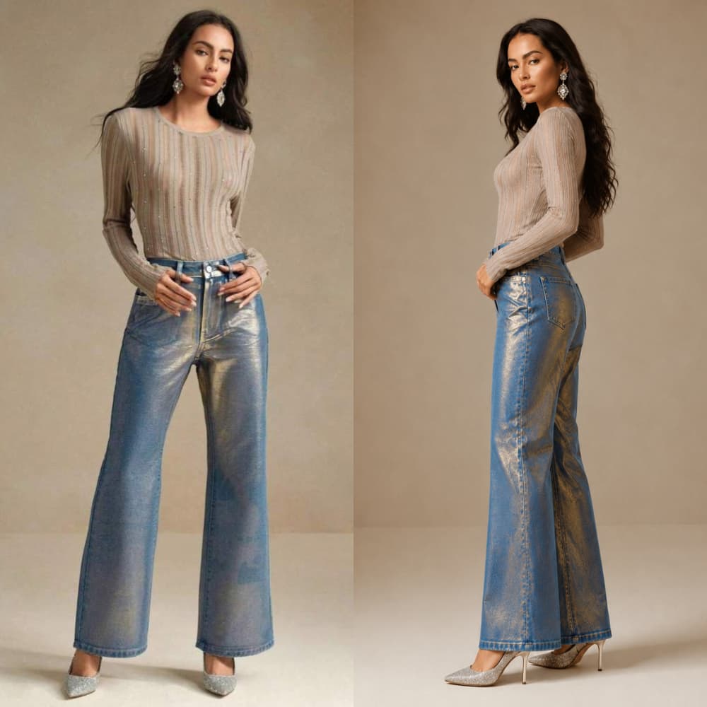 Calça Jeans Wide Leg Com Foil Dourado , Cintura Alta - Modelo Foil Dourado