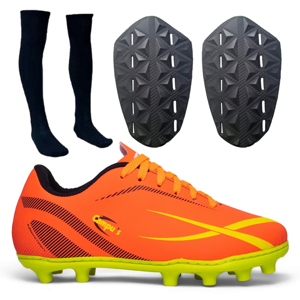 Combo Chuteira De TRAVA campo Caneleira e Meião Masculina Costurada Resistente Profissional
