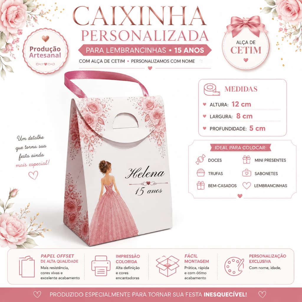 Caixinha Personalizada para Lembrancinhas de 15 Anos | Nome Personalizados | Alça de Cetim