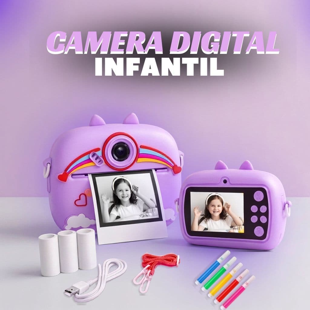 Câmera Digital Infantil com Impressão Instantânea com Papel e Canetinhas Coloridas Imprime na Hora
