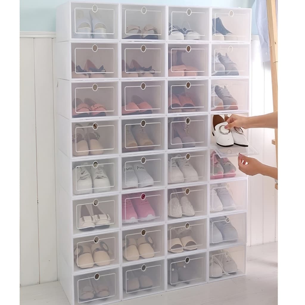 Caixa Organizadora de Sapato Empilhável com Tampa Flip Sapateira Kit Modular Dobrável para Tênis Closet e Guarda Roupa