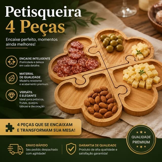 Petisqueira 4 Peças de Coração em Madeira Tábua para Frios Queijos Aperitivos Designer Petisco e Churrasco