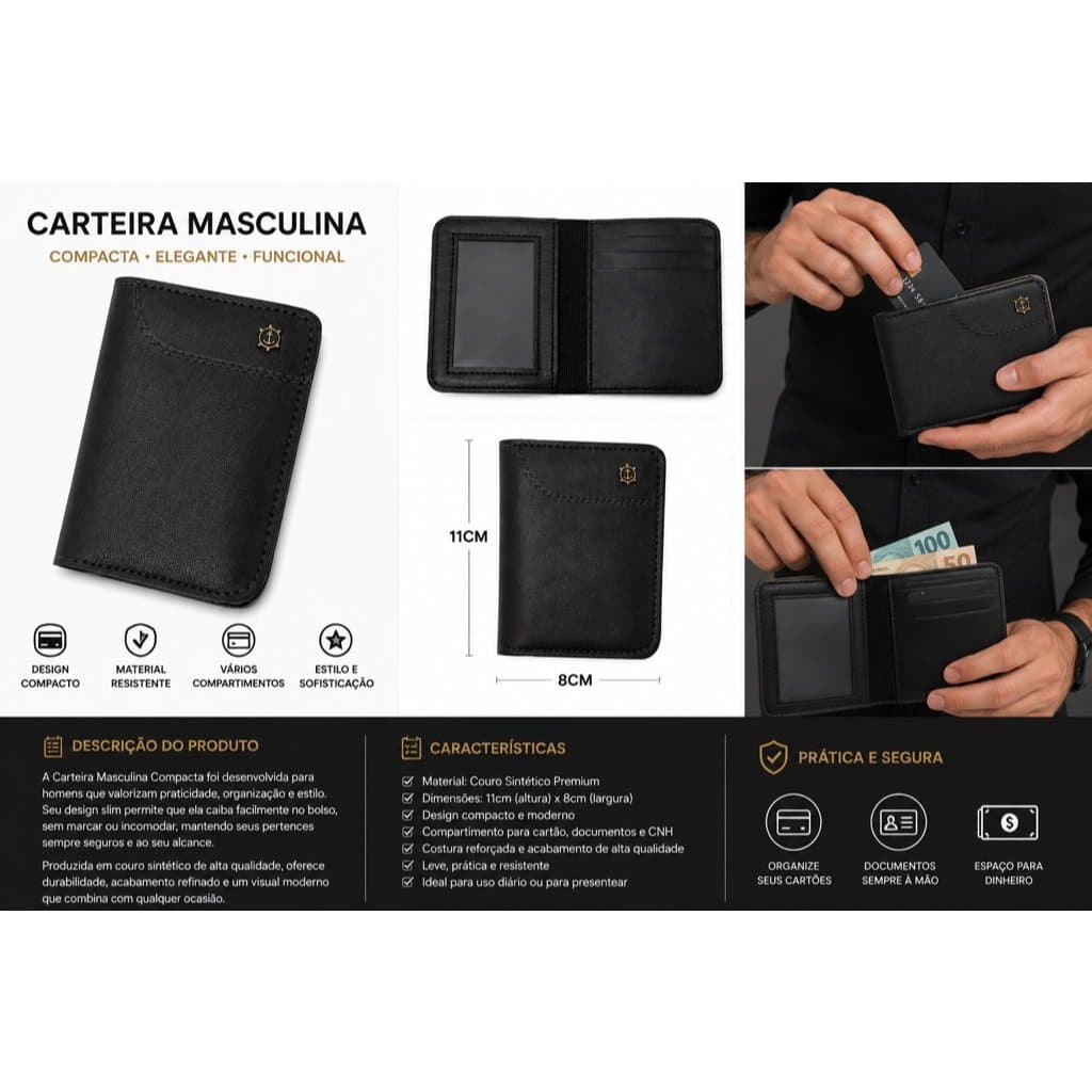 Carteira Masculina Slim Pequena Couro Porta Cartão CNH Documentos MFD Premium