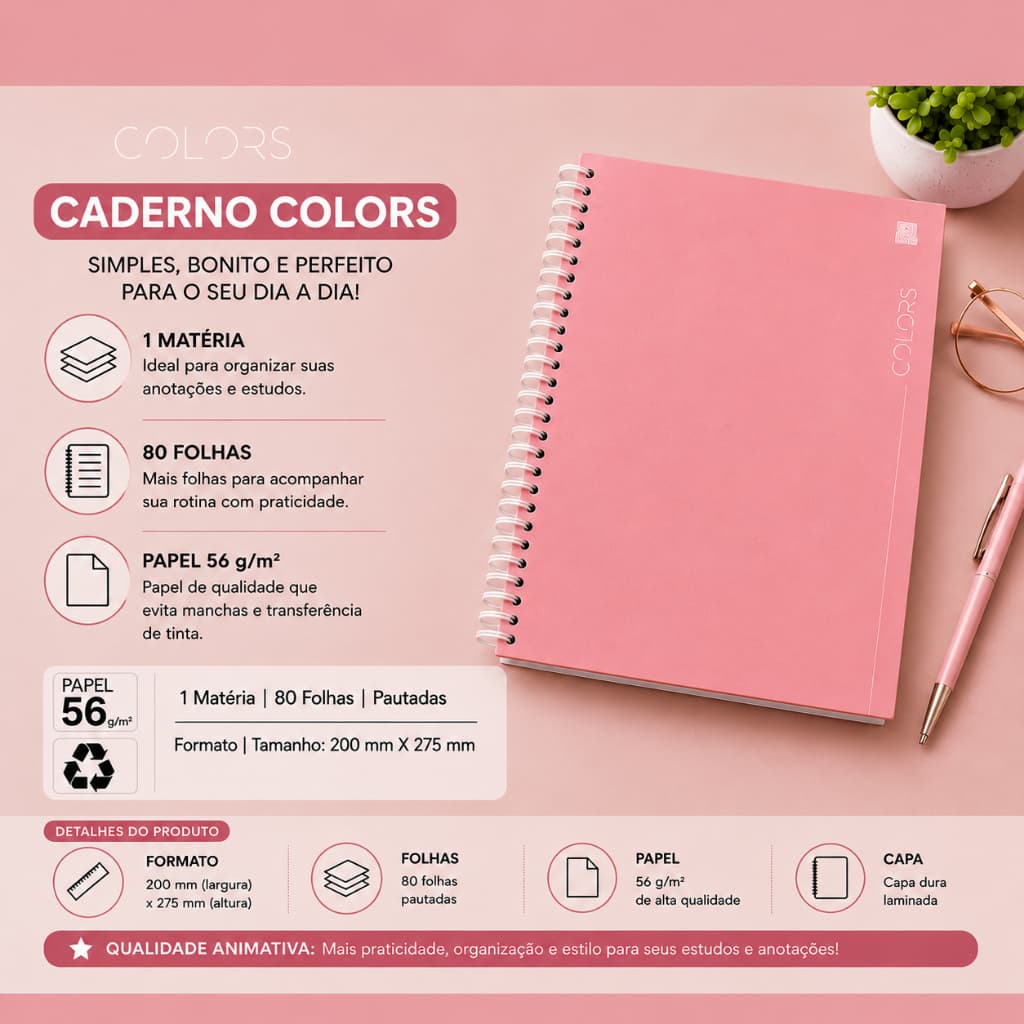 Caderno universitário Espiral 1 Matéria, 80 Folhas Pautadas, Rosa, Caderno Feminino, Faculdade