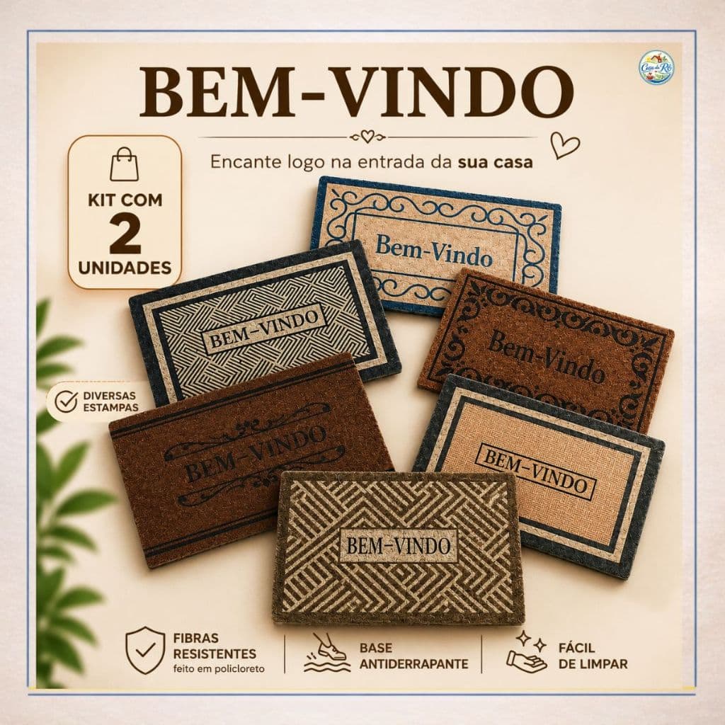 Kit 2 Tapetes Porta de Entrada Capachos Bem-Vindo Emborrachado Lavável Antiderrapante 38x58cm