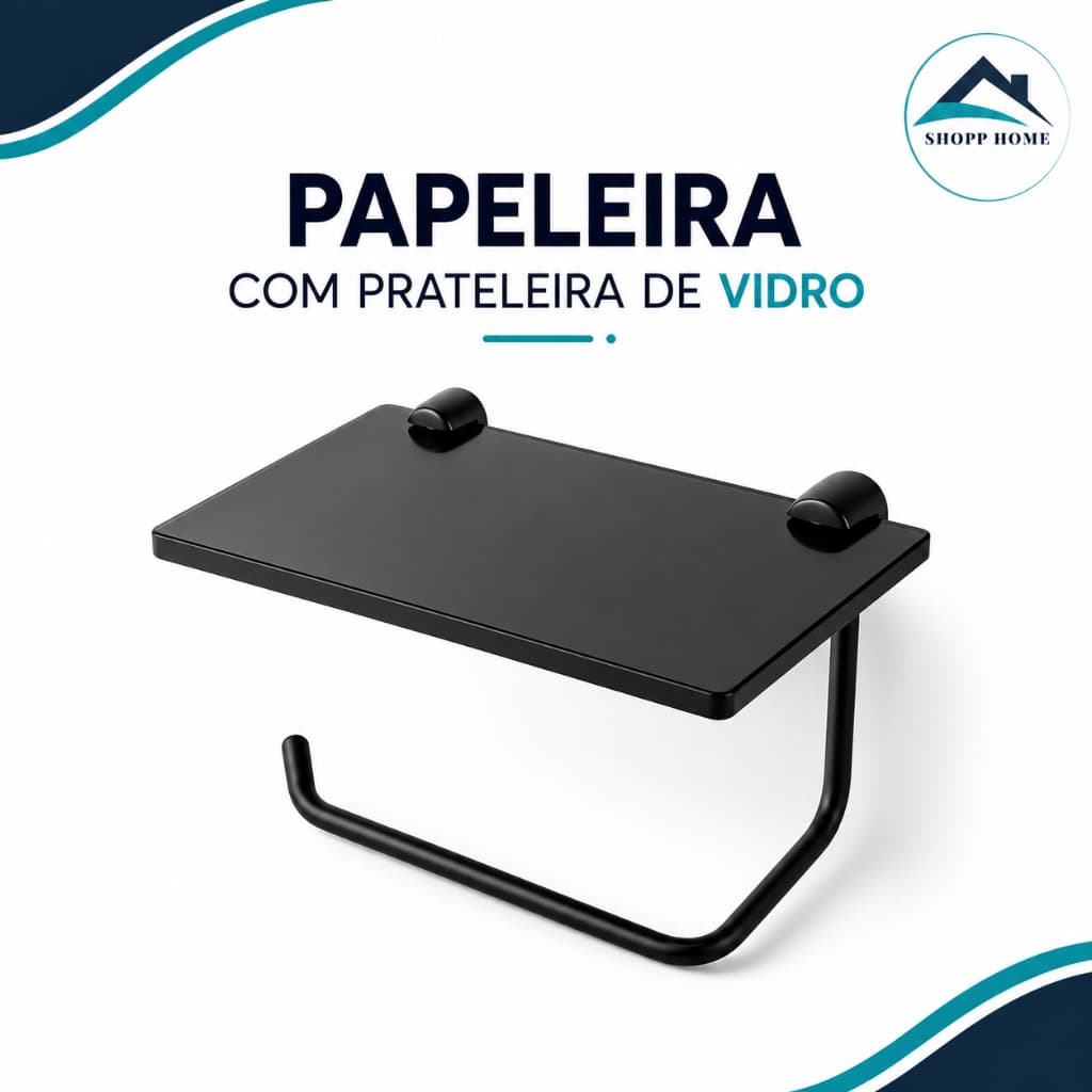 Papeleira Porta Papel Higiênico com Prateleira de Vidro para Celular – Preto Fosco