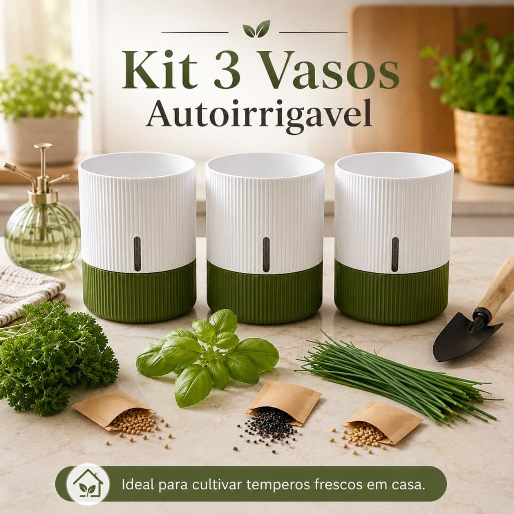 KIT 3 Vasos Autoirrigável para Temperos, Cebolinha, Ervas, Suculentas e Plantas